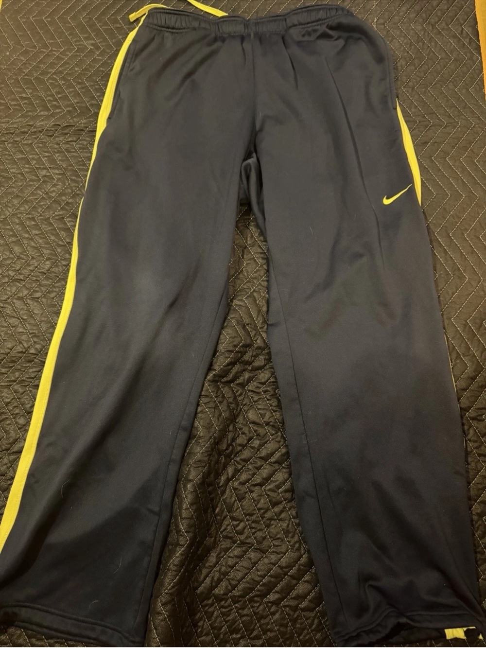 Nike Mens Navy Track Pants with Yellow Side Stripes